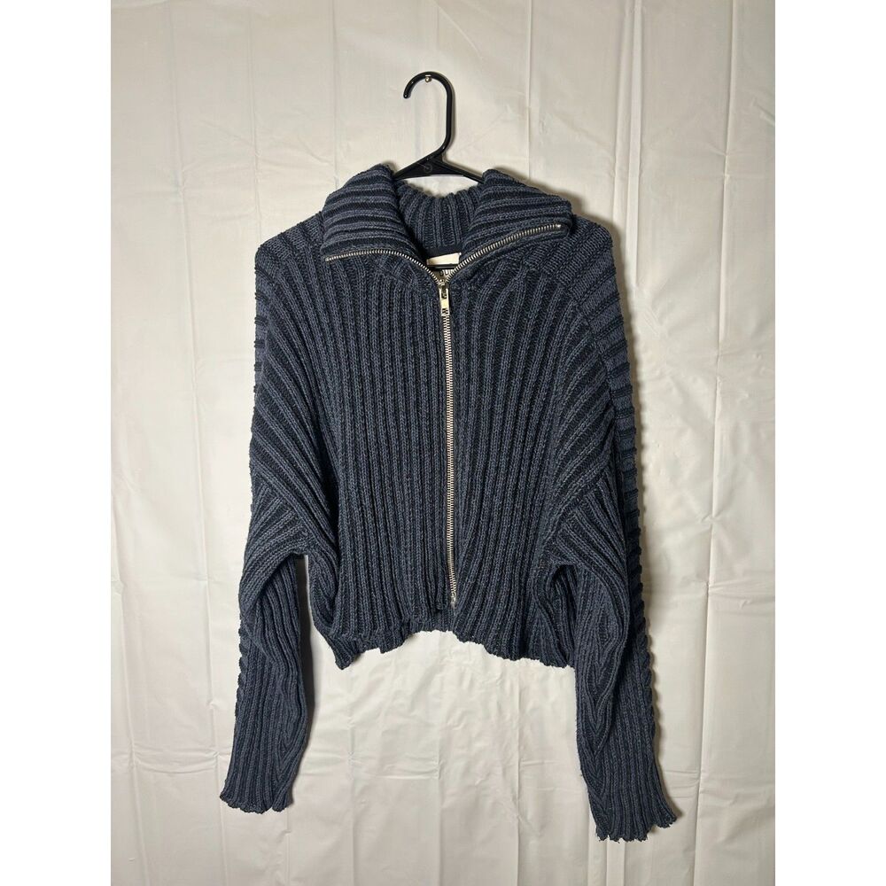 BDG Urban Outfitters Ribbed Zip Up Chunky Knit Sweater Large Navy Blue Cropped